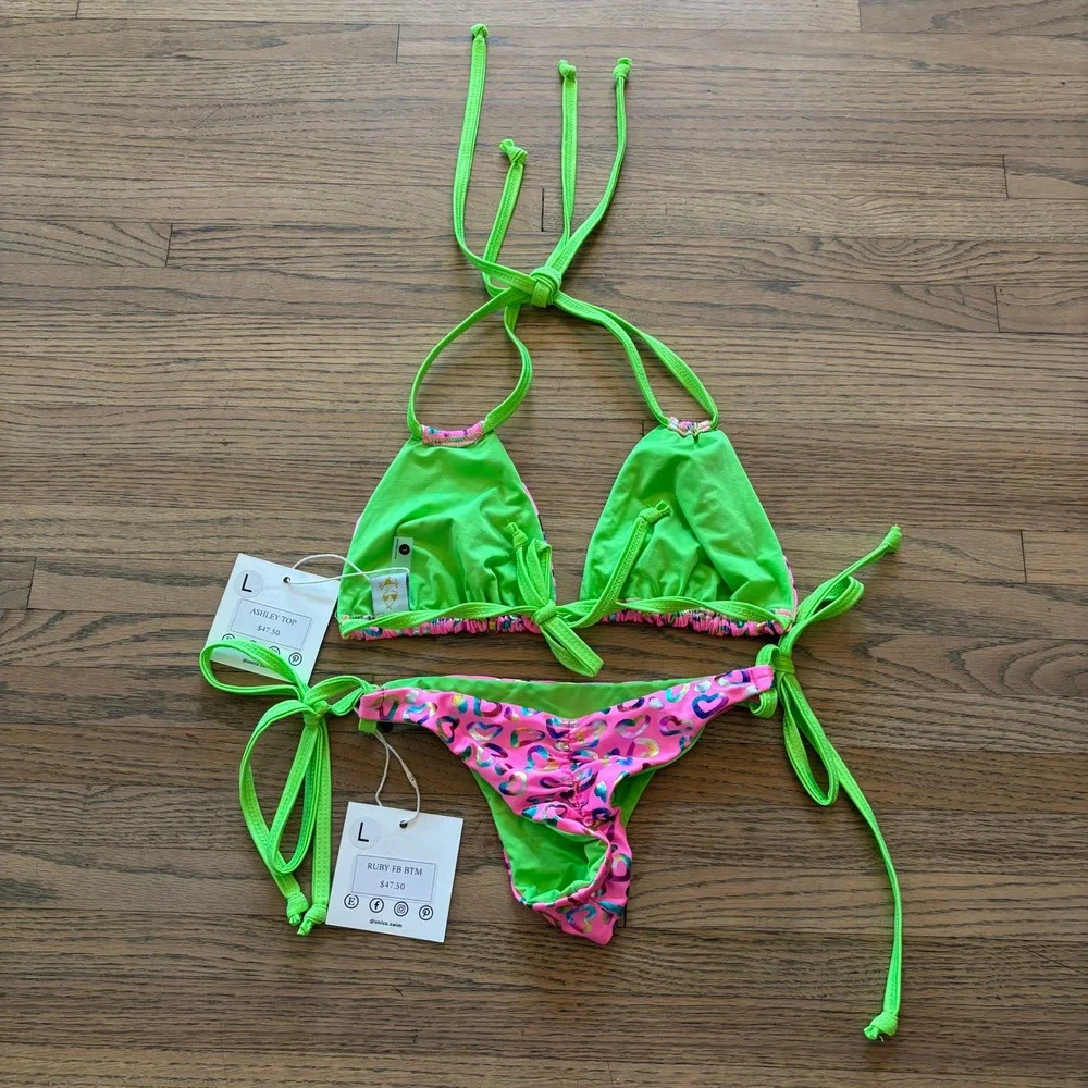 Unico Swim Ashley Top Ruby FB Bottom Bikini Set Pink Lime Green Heart Print L